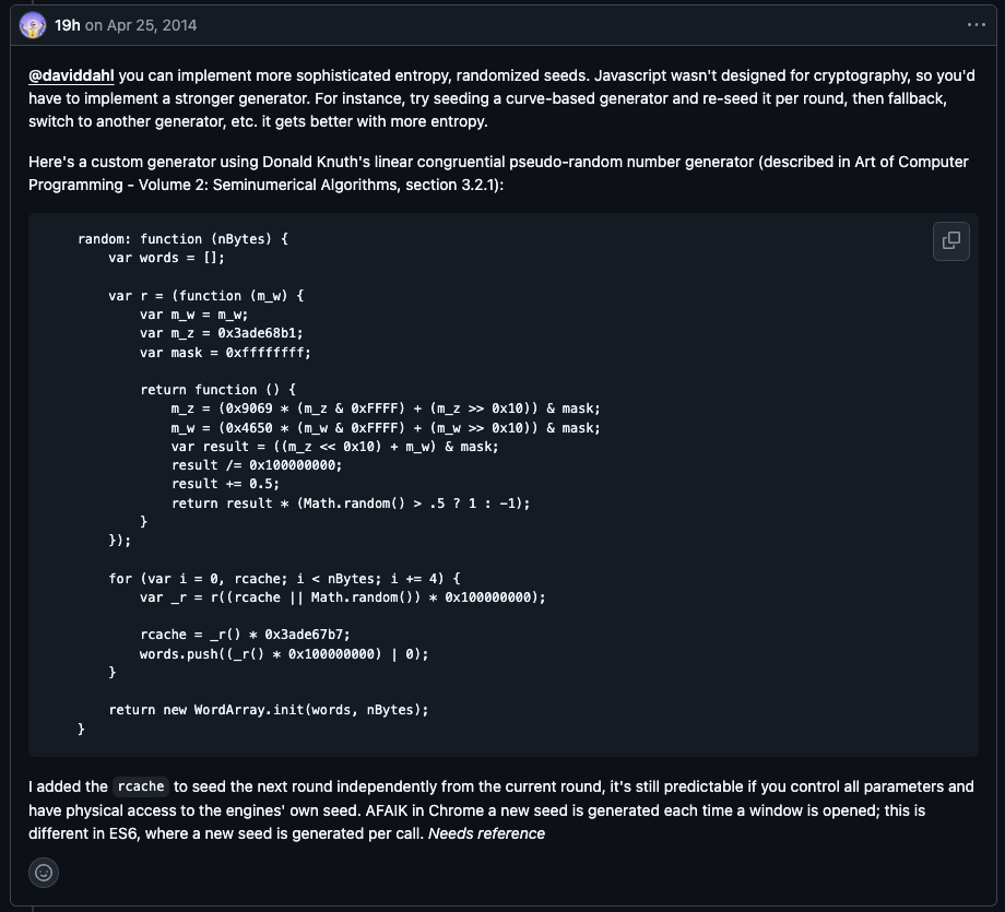 Comment on CryptoJS issue #7 proposing a custom pseudorandom generator seeded from Math.random(), noting the result is still predictable.